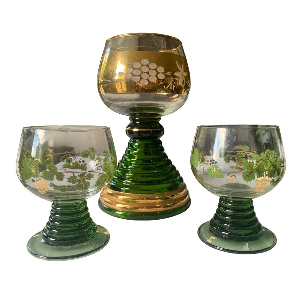 Vintage German Roemer Wine Glasses Lot of 3 Green Beehive Stem Gold Grape Etched